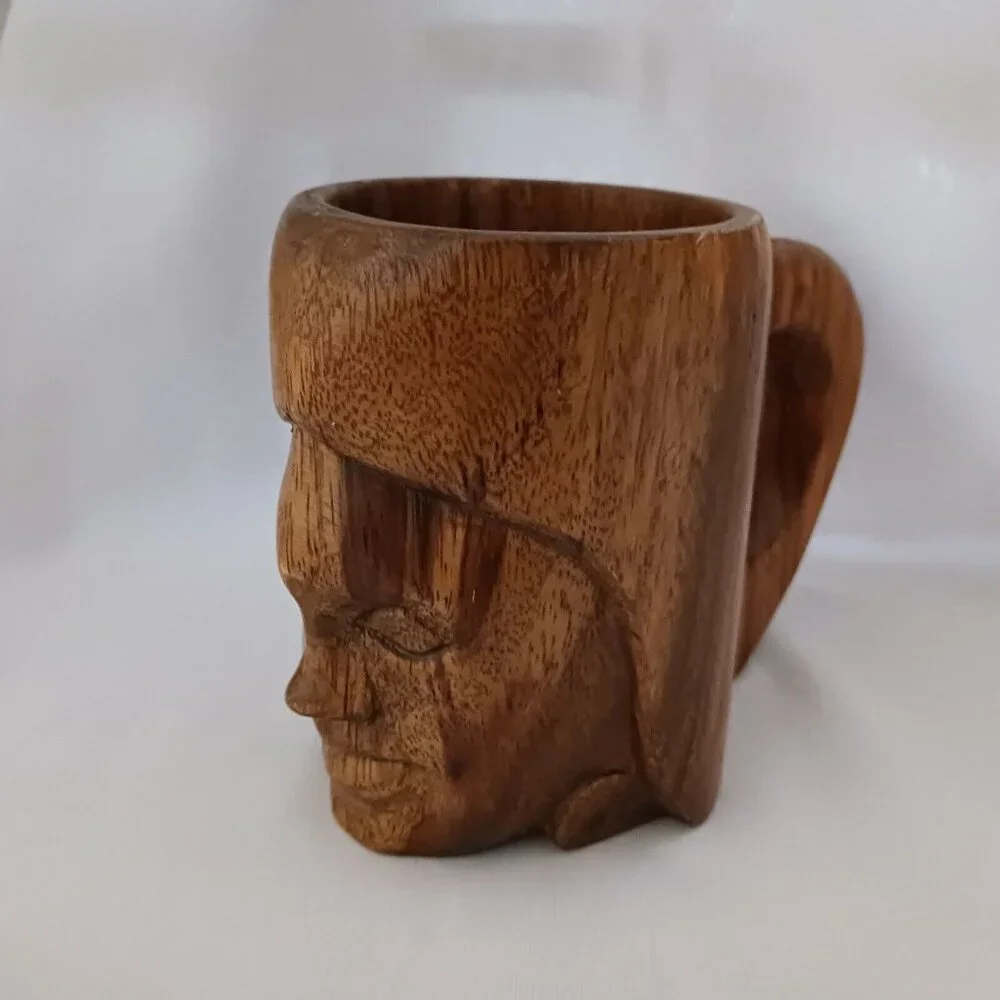 Vintage Wood Wooden Tiki Face Head Figural‎ Mug Cup Hand Carved Handle 5